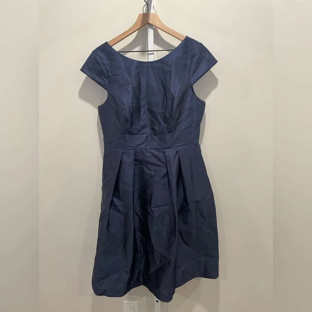 Alfred Sung Cap Sleeve Pleated Cocktail Dress With Pockets  Navy Size 14 - Picture 2 of 10